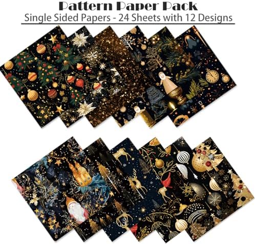 6x6 Scrapbook Paper Pad - Black Gold Christmas 160gsm Heavyweight Cardstock, 24 Pcs Vintage Santa & Reindeer Decorative Paper for Holiday Cards, Junk Journal & DIY Crafts