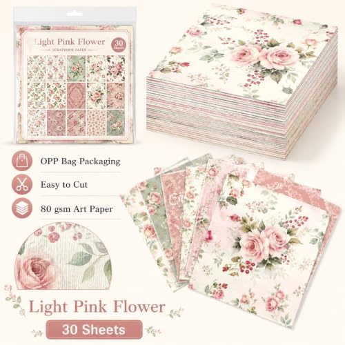 30 Sheets Vintage Floral Scrapbook Paper, 5.5x7.9 Inch Single-Sided Light Pink Rose Aesthetic Craft Paper for Junk Journaling, Card Making, Collage, Decoupage & DIY Projects