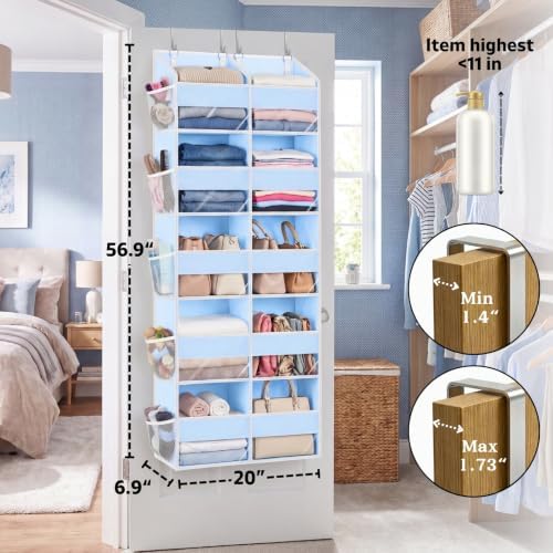 Blue Over the Door Organizer 5 Tiers, Extra Large Behind Door Storage of 10 Compartments, 80 lbs Weight Capacity Hanging Storage Organizer with Clear Window Kids Toys, Shoes, Diapers, Room storage