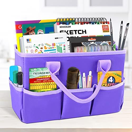 Desktop Tote and Organizer, Teacher Helper caddy Bag for Arts, Books, Stationery, Office Desk Organization, Make-up Storage with Handles for Travel (Purple)