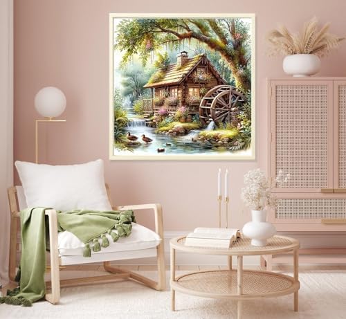 Countryside Diamond Art Kits for Adults, Diamond Painting Kits for Adults for Beginners, DIY Water Wheel Diamond Dots Art Kits, 5D Full Round Drill Gem Art Painting Kits for Home Wall Decor, 14x14in