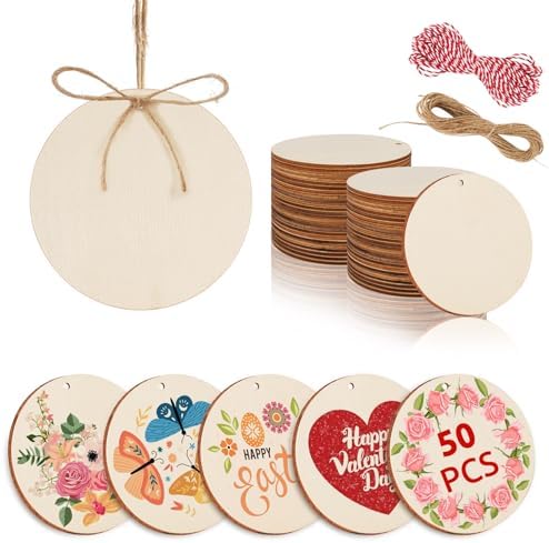 Philorn 50pcs Wooden Ornaments for Crafts 3.5" DIY Wooden Ornaments | for Crafts 3.5" Unfinished DIY Wooden Ornaments, Predrilled Wood Slices Circles for Crafts Paint Holiday Hanging Decorations