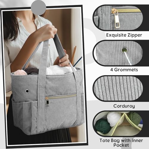Bulyoou 2 Pcs Crochet Tote and Yarn Bag Set Corduroy Yarn Holder,Grey