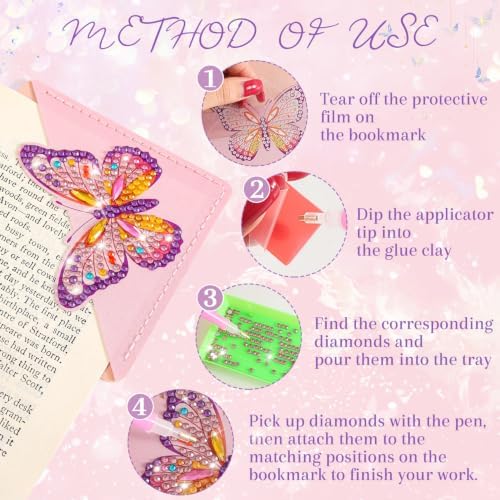 4Pcs Diamond Painting DIY Corner Leather Bookmarks, Handmade Butterfly Diamond Art Bookmark for Adults, Protecting Book Craft Supplies Kits for Girl Women Book Lovers
