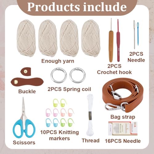 ACRNIGHEET Crochet Bag Kit for Beginners Crochet Purse for Women DIY Tote Bag Making Kit with Step-by-Step Tutorials Knitting Supplies for Adults Crafts Boho Gift Idea (Beige)