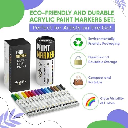 Acrylic Paint Markers Set of 16 Paint Pens – Fine Tip for Fabric, Rock, Metal, Ceramic, Adult Coloring & Art Projects – Art Supplies for Kids & Adults