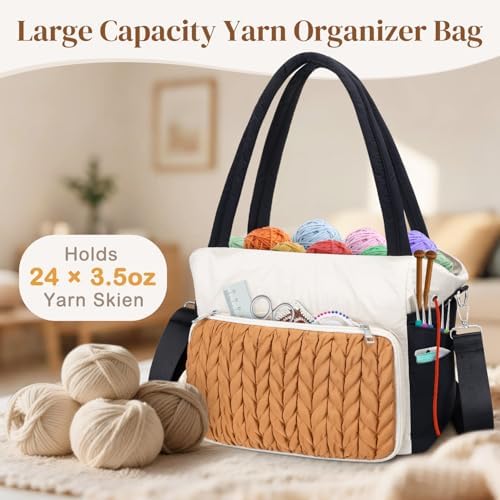 DALINDA Crochet Bag Organizer,Yarn Bag and Tote- Yarn Storage with Multiple Pockets for Crochet Supplies, Knitting Bag for Gifts,Portable & Durable(Brown)