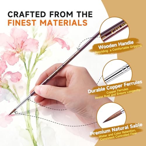 Golden Maple Kolinsky Sable Miniature Paint Brushes, Professional Detail Paint Brushes Round Point Paint Brush for Models, Watercolor Details, Figures & Gouache Painting - Size 0, 1, 3