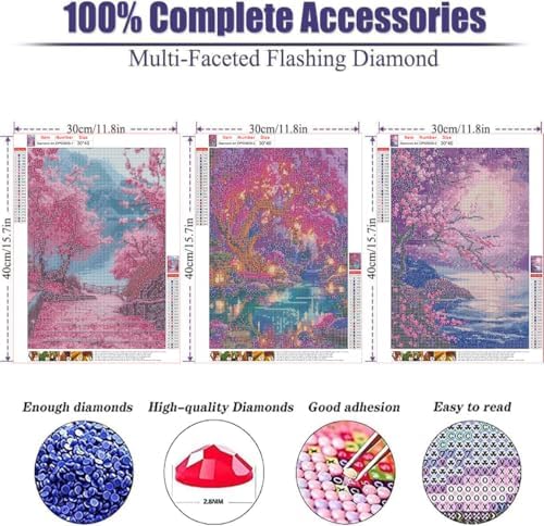 3pack Pink Cherry Blossoms Diamond Art Kits for Adult Diamond Painting Kit