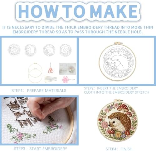 FREEBLOSS 4 Pack Embroidery Kit for Beginners Hedgehog Stamped Embroidery Starter Kit with Instruction Cross Stitch Needlepoint Kits for Crafts Adults with 2 Hoops 20cm/7.9inch