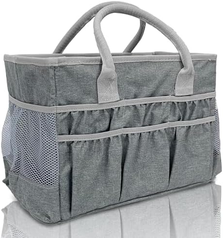 Cupohus Craft Organizer Tote Bag – Craft Caddy with 2 Mesh Side Pockets & Front Elastic Pockets, Foldable Large Capacity Supply Storage Bag for Sewing, Knitting, Painting, and Travel (Grey)