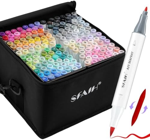 SFAIH 169 Alcohol Markers for Coloring, Brush & Fine Tip Art Set | Faux Leather Case with Strap, Zip Pocket & Lining, Premium Quality, Quick-Dry, No Bleed, Blendable, Adult Coloring, Illustrat