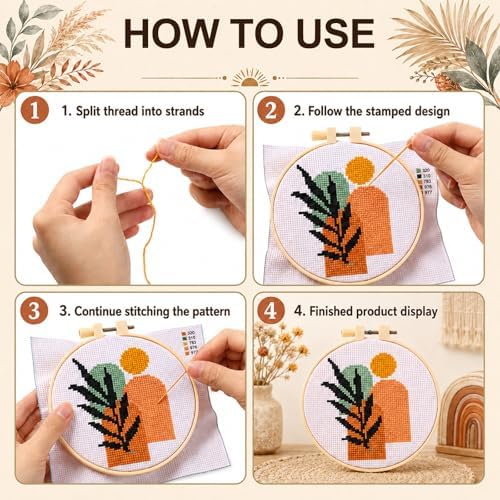 ZOIIWA 6PCS Boho Embroidery Kit for Beginners Adults Summer Cross Sewing Kits DIY Starter Hand Embroidery Kit with Needlepoint Patterns Hoop Threads Needles Instructions Craft Gift for Home Decor