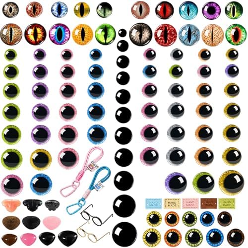 CSCHENGO 507Pcs Glass Craft Safety Eyes 10-35mm 3D Shiny Round/Moon Eyes/Black Eyes with Noses/Glasses/Tags,for Adult DIY Crochet Handmade Craft Figurines Plush Crafts
