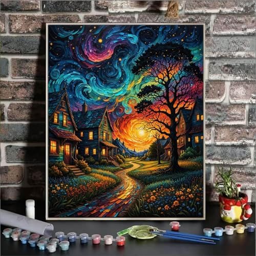ldazao Framed Starry Paint by Numbers Kit for Adults, Country Night Paint by Number Artist Kits for Beginner Moon for Gift Home Wall Decor 9.5x12 Inch