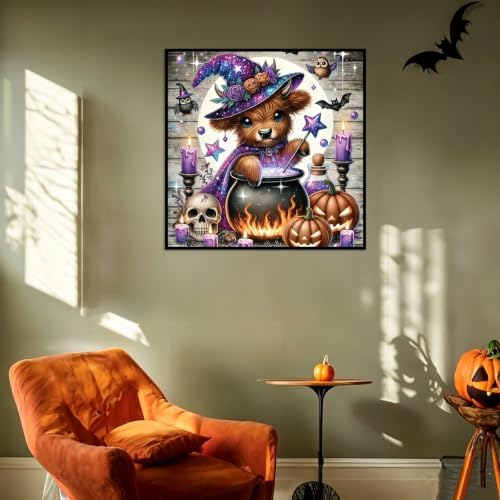 WNPOKN Halloween Highland Cow Diamond Art Kits for Adults 14x14inch