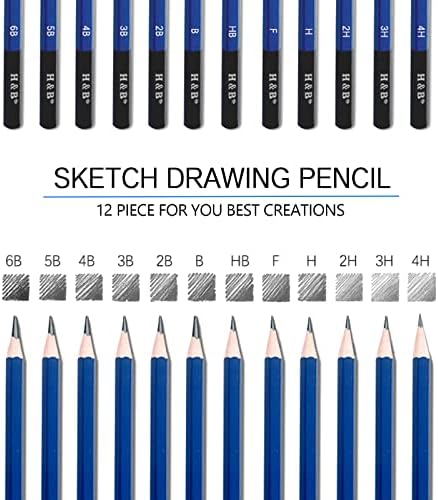 H & B 12 PCS Pencil Drawing Kit, H-4H, F, HB, B-6B Graphite and Charcoal Sketch Pencil Set for Beginners, Professional Artists