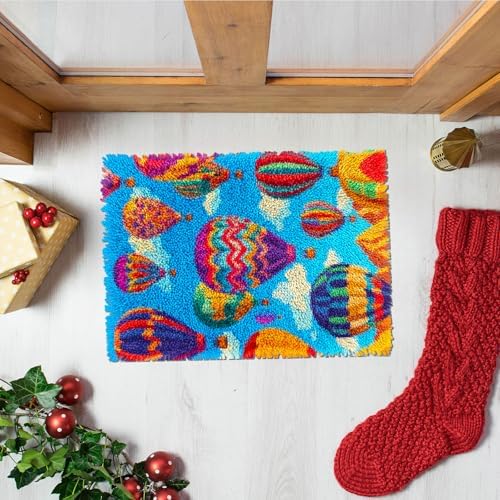 Latch Hook Rug Kit Colorful Hot Air Balloons Pre-Printed Handmade Carpet Crochet Yarn Craft DIY Hook and Latch Door Mat Tapestry for Home Floor Decoration 52x38cm-1