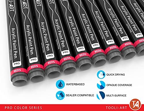 Acrylic Paint Pens 22 Red & Pink Tones Assorted Pro Color Series Markers Set 0.7mm Extra Fine Tip for Rock Painting, Glass, Mugs, Wood, Metal, Canvas, Projects, Non Toxic, Waterbased, Quick Drying