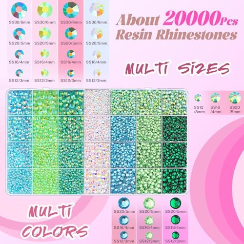 20000Pcs Green Rhinestones for Bedazzling with B7000 Jewelry Glue, Resin Rhinestones for Crafting Crafts DIY, Bedazzler Kit Gems for Clothing Shoes Tumblers Fabric Nail Art Assorted Size 3/4/5/6mm