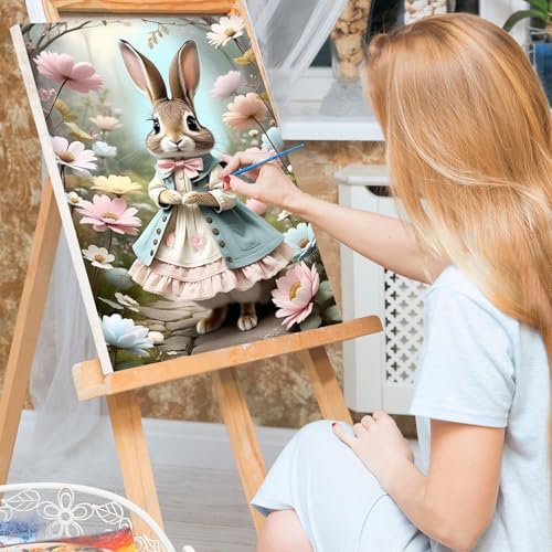 Bowetile Framed Paint by Numbers Easter Kit for Adults, Adults' Paint-by-Number Bunny Kits on Canvas, Painting by Numbers Rabbit, DIY Acrylic Number Painting for Home Wall Decor, 8x12in