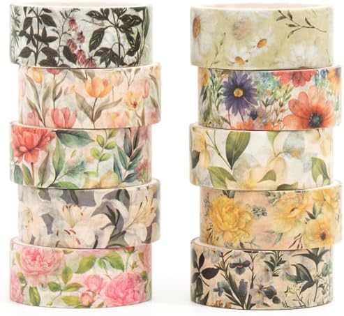 10 Rolls Blooming Flowers Washi Tape Set Floral Arts Adhesive Tapes Colorful Garden Decorative Masking Tape Sets for Craft, Kids, Scrapbook, DIY, Gift Wrapping (2-Romance)