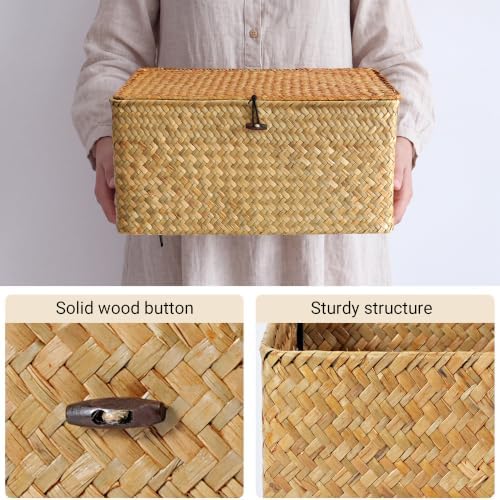Nonam Large Wicker Basket with Lid,Seagrass Shelf Storage Basket,Natural