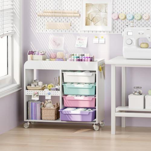 SYKIARIOL Craft Organizers and Art Supply Storage, Art Cart, Ice Cream | Rolling Cart with 4 Drawers & Metal Pegboard, 5 Hooks, Cute Macaron Color Magnets for Craft Room, Office, Classroom
