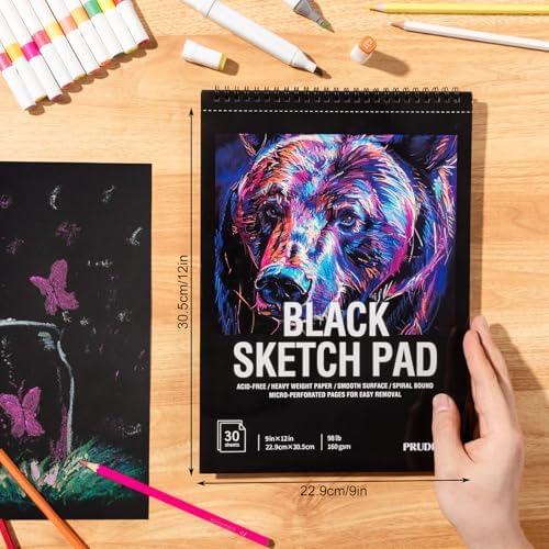 Black Paper Sketchbook 9 × 12 in, 30 Sheets, 160gsm Spiral Bound | Acid-Free 98Lb Black Paper, Lays Flat, Clean Tear-Out Pages, for Colored Pencil, Chalk, Gel Pens And Mixed Media