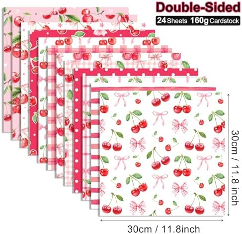 Pink Cherry Scrapbook Paper Cerise Grid Pattern Papers Pad 12×12,24 Sheets Double-Sided Spring Bobo Floral Scrapbooking CardStock Paper Pad for Holiday Cardmaking DIY Origami Papers.