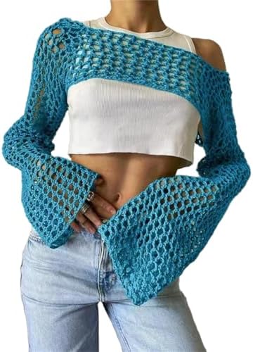 KEOMUD Women Crochet Tops Y2K Hollow Knit Bolero Shrug