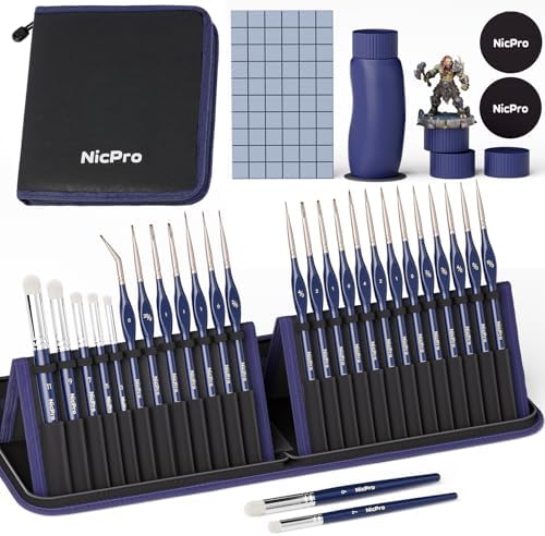 Nicpro Professional Miniature Painting Kit - 25PCS Miniature Paint Brushes Drybrush with Magnetic Painting Handle, Model Paint Brushes for Miniatures, Model, Craft, Acrylic Painting, with Nylon Bag