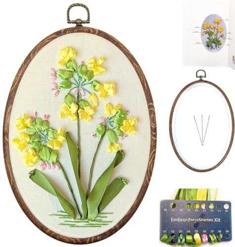 FONNUY Ribbon Embroidery 3D Flowers Pattern Design Kit Embroidery DIY Handwork Set Oval Home Decoration (Yellow Camellia)