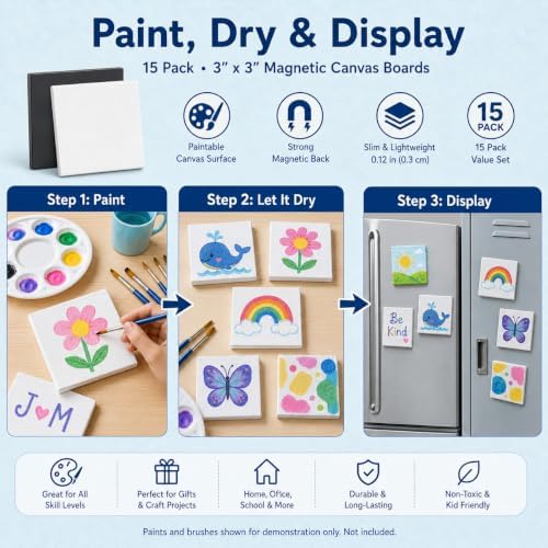 15 Pack 3 Inch Square Mini Magnetic Canvas Boards for Painting