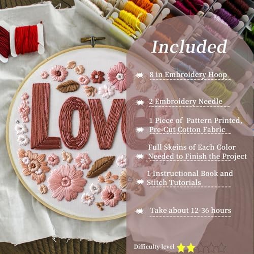 FONNUY I Love You Embroidery Kit for Beginners, Pre-Stamped Pattern Kits, Romantic Anniversary for Women Men, Valentine's Day Gifts Thread Needlework, 8'' Hoop (Love 02)