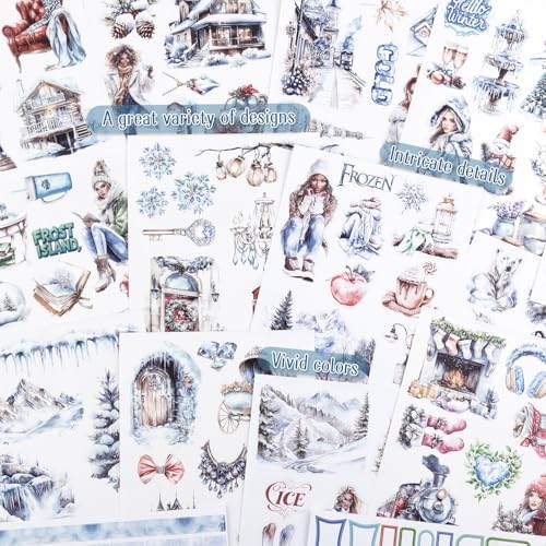 Precut Winter Aesthetic Scrapbook Sticker Book, 20 Sheets People Landscape Animal Snowflake Journaling Supplies for Adults Card Making Collage (Blue)