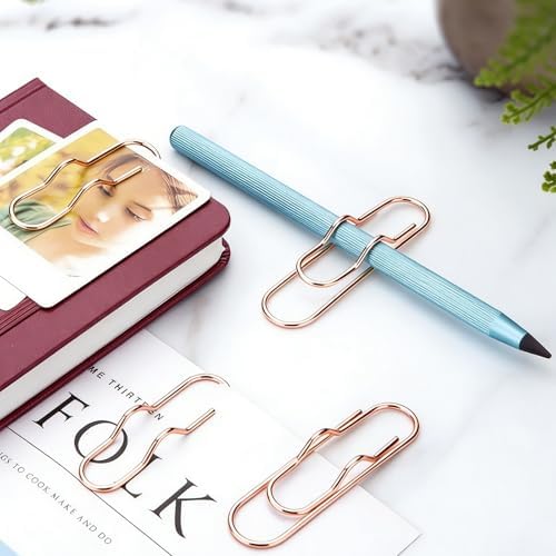 HINGTAI 12Pcs Pen Holder Clips - Pen Holding Paper Clips Metal for Notebooks, Decorative Pencil Clip Organizer, Multi-Functional Bookmark & Card Holder for Desk Organization Rose Gold