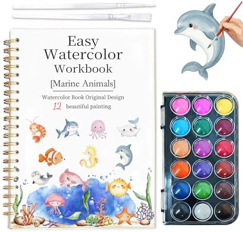 Easy Watercolor Workbook for Beginners - 12 Beautiful Step-by-Step Paintings Water Coloring Book, Includes 18 Colors Paints, Relaxing Art Projects and Creative Gift for Adults & Teen (Marine Animals)