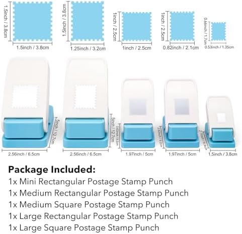 5Size Stamp Punch, 1.5x1.25inch/1.5x1.5inch Large Postage Stamps Punch, 1"x0.8"/1"x1" Medium Stamp Cutter, 0.6"x0.5" Mini Stamps Shaped Paper Punch, Hole Punch for Crafting Journaling DIY Scrapbooking
