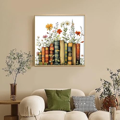Camocin Framed Paint by Numbers Kit for Adults Beginner - Vintage Books and Wildflowers Paint by Number Canvas with Frame, Cottagecore DIY Acrylic Painting Kit for Book Lovers Home Decor 12x12 Inch