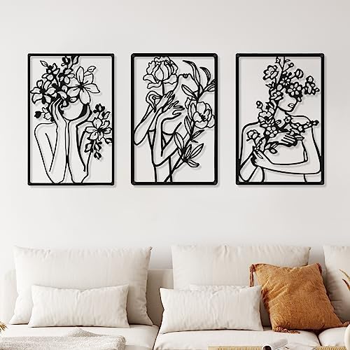 CHENGU 3 Pieces Metal Minimalist Abstract Woman Wall Art Line Drawing Wall Art Decor Single Line Female Home Hanging for Kitchen Bathroom Living Room