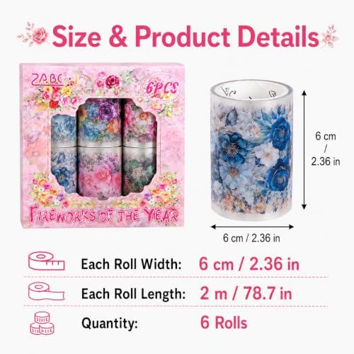 Vintage Floral Wide Washi Tape, 6 PET Rolls for Journaling Crafts | 6 wide PET rolls for journaling supplies, scrapbook supplies, junk journals, card making, DIY crafts and gift wrappin