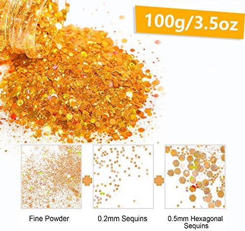 HEMOER Royal Gold Glitter, 100g/3.5oz Holographic Chunky Glitter Mixed Hexagon Chunky & Fine Flakes Iridescent Sequins for Epoxy Crafts, Resin, Nail Body, Tumblers, Party Decoration
