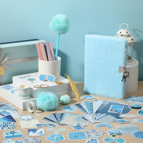 Janlaugh DIY Journal Diary with Lock Pack Scrapbook Kit, Blue, Plush | Stationery Diary Supplies, Scrapbook Supplies Art Crafts Kit for Birthday Holidays Ideal Gifts, Feather Bookmark Stickers