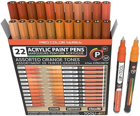 Acrylic Paint Pens 22 Orange Tones Assorted Pro Color Series Markers Set 0.7mm Extra Fine Tip for Rock Painting, Glass, Mugs, Wood, Metal, Canvas, Projects, Non Toxic, Waterbased, Quick Drying