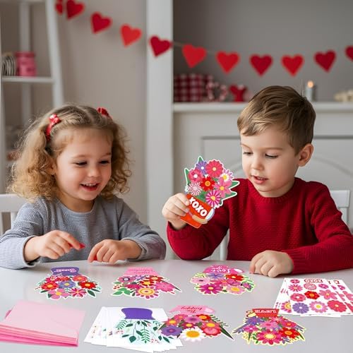 36 Set Valentines Day DIY Craft for Kids - Flower Card Making Kit with Greeting Cards Stickers Envelopes Set Gifts for Classroom School Activities