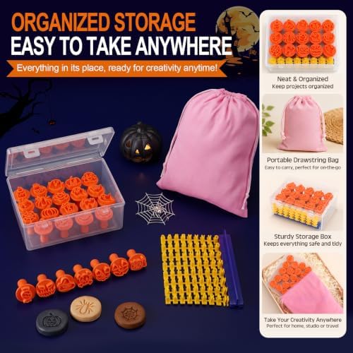 30 Pcs Halloween Pattern Clay Modeling Stamp Set with 72-Character Letter Stamps and Storage Box, Halloween Pattern Stamps for Polymer/Ceramic Clay, Pottery Craft, Cookie and Jewelry Making