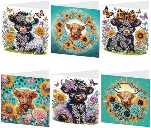 Tontut 6pcs Diamond Art Painting Kit Greeting Card, Sunflower Yellow Cow 5D DIY Diamond Handmade Holiday Greeting Card with Envelope, Holiday Gift Congratulation