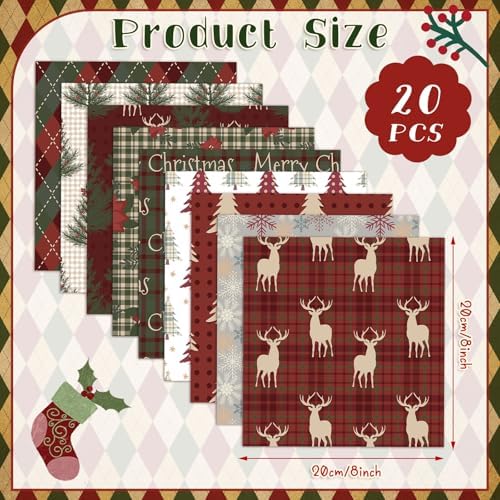 HunnmingRe 20 Pcs 10''x10'' Christmas Woodland Quilting Fabric Square Vintage Plaid Precut Quilted Fabric Bundle Reindeer Poinsettia Patchwork Supplies for Winter Handmade DIY Craft Sewing Material