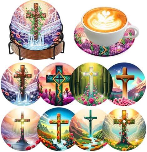 8 Pcs Diamond Art Coaster Kit for Adult with Holder, Diamond Coasters 4x4in